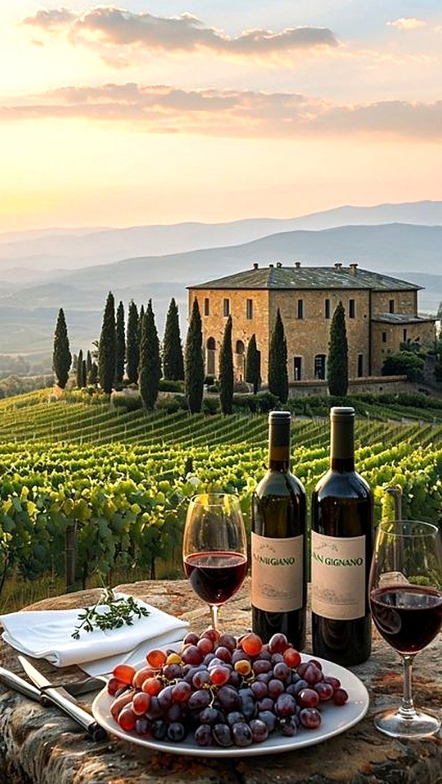 Vino e uva tra le vigne al tramonto