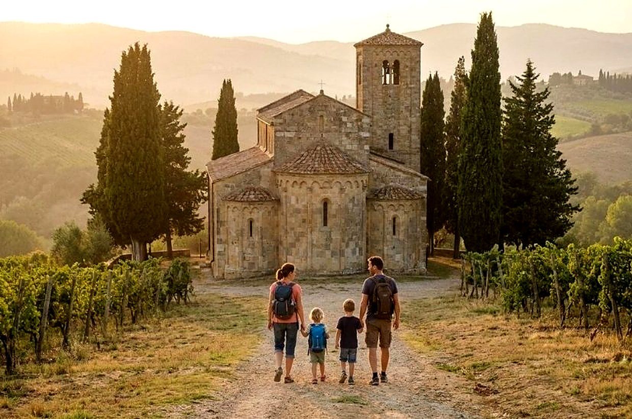 Famiglia in cammino verso una pieve romanica
