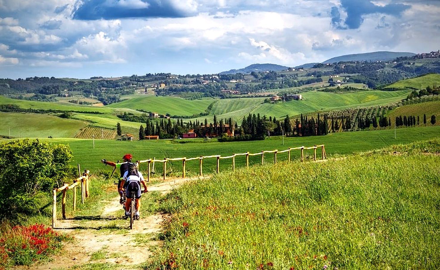 Ciclista sulle colline verdi della Toscana