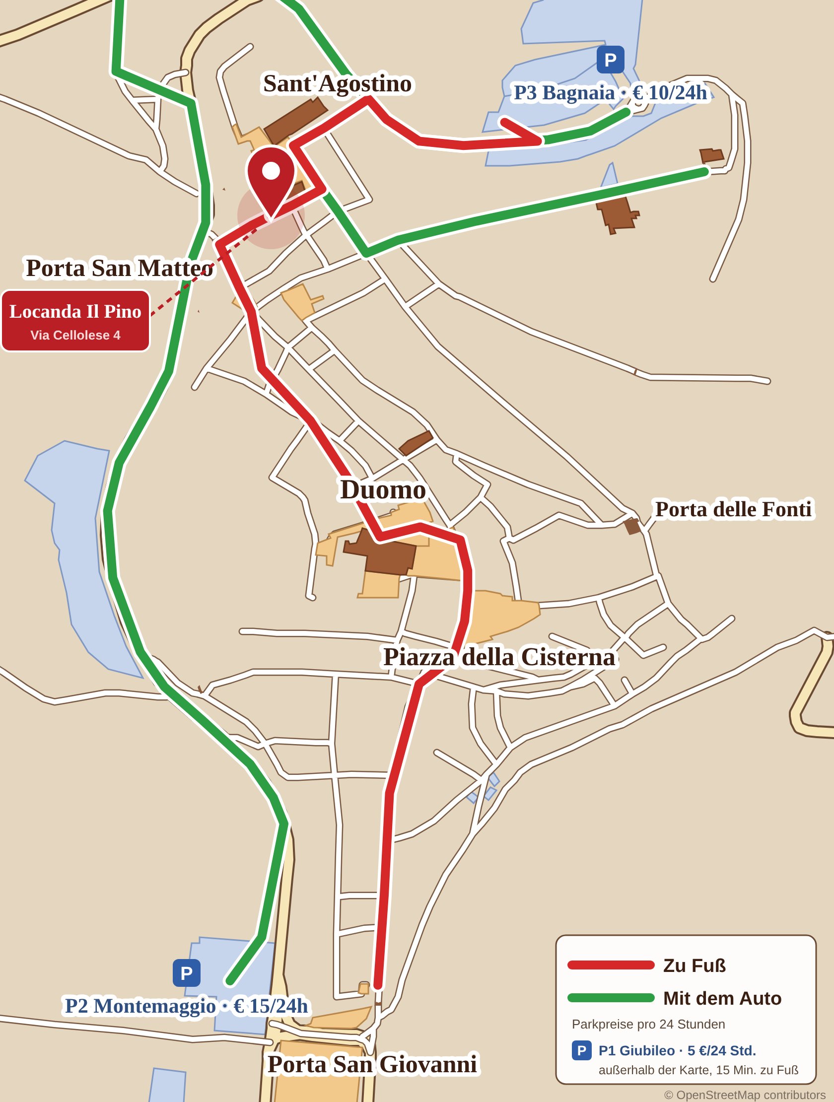Mappa di San Gimignano con il percorso a piedi in rosso e in auto in verde fino alla Locanda Il Pino, con i parcheggi e i prezzi