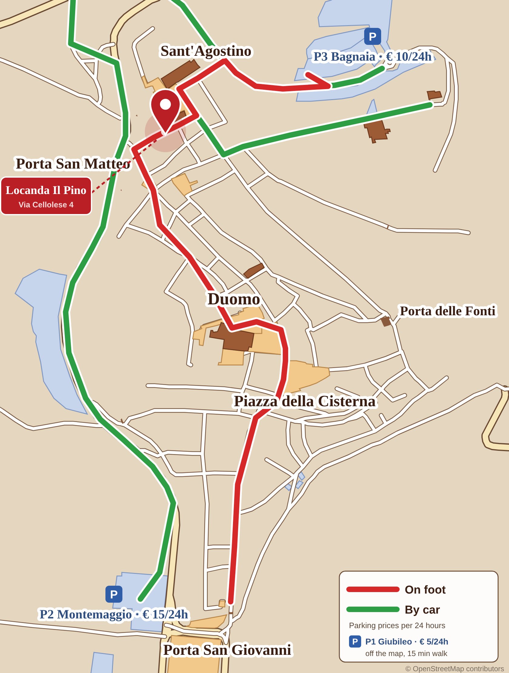 Mappa di San Gimignano con il percorso a piedi in rosso e in auto in verde fino alla Locanda Il Pino, con i parcheggi e i prezzi