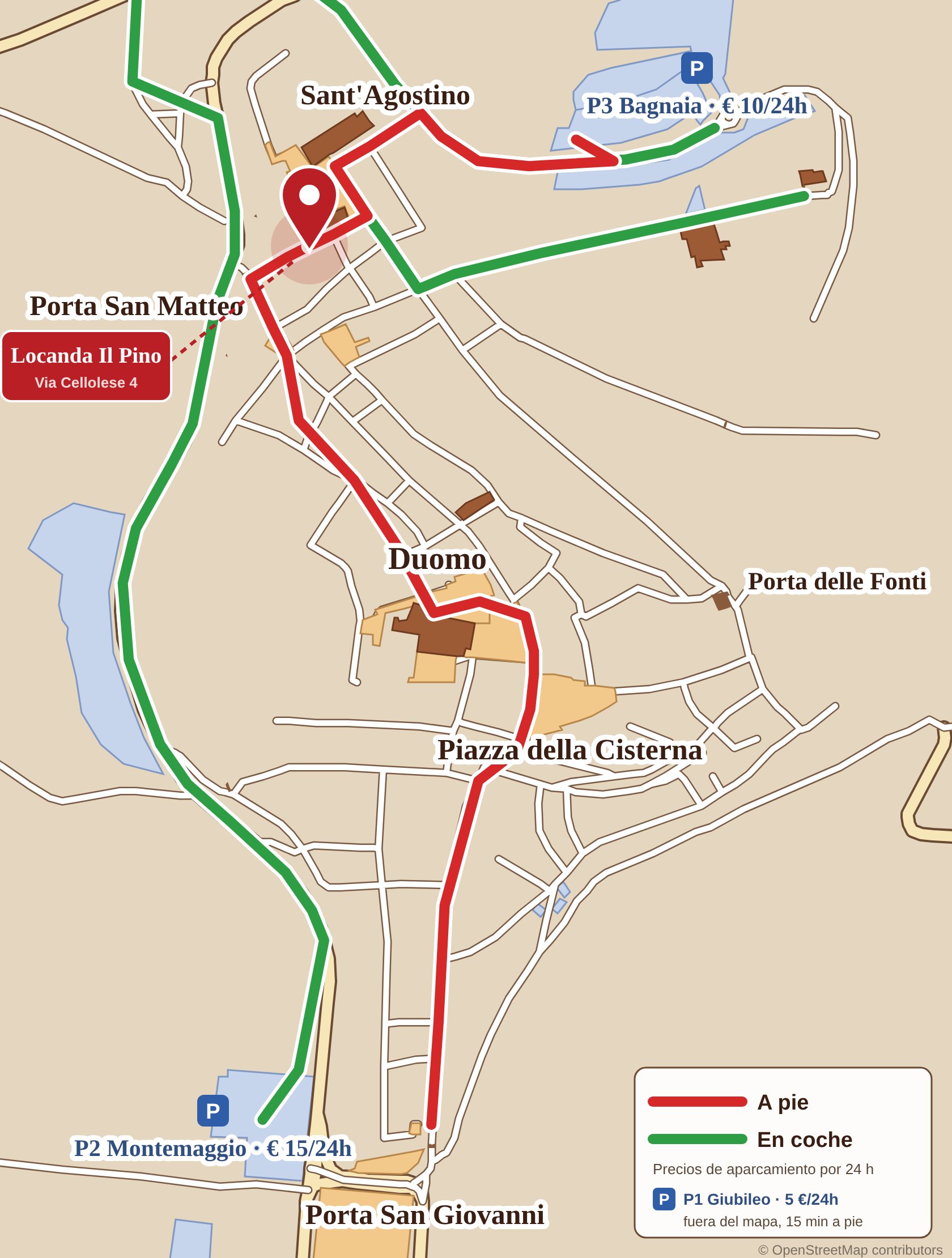 Mappa di San Gimignano con il percorso a piedi in rosso e in auto in verde fino alla Locanda Il Pino, con i parcheggi e i prezzi
